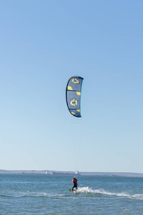 Adam kitesurfing on the lagoon at Langebaan, South Africa